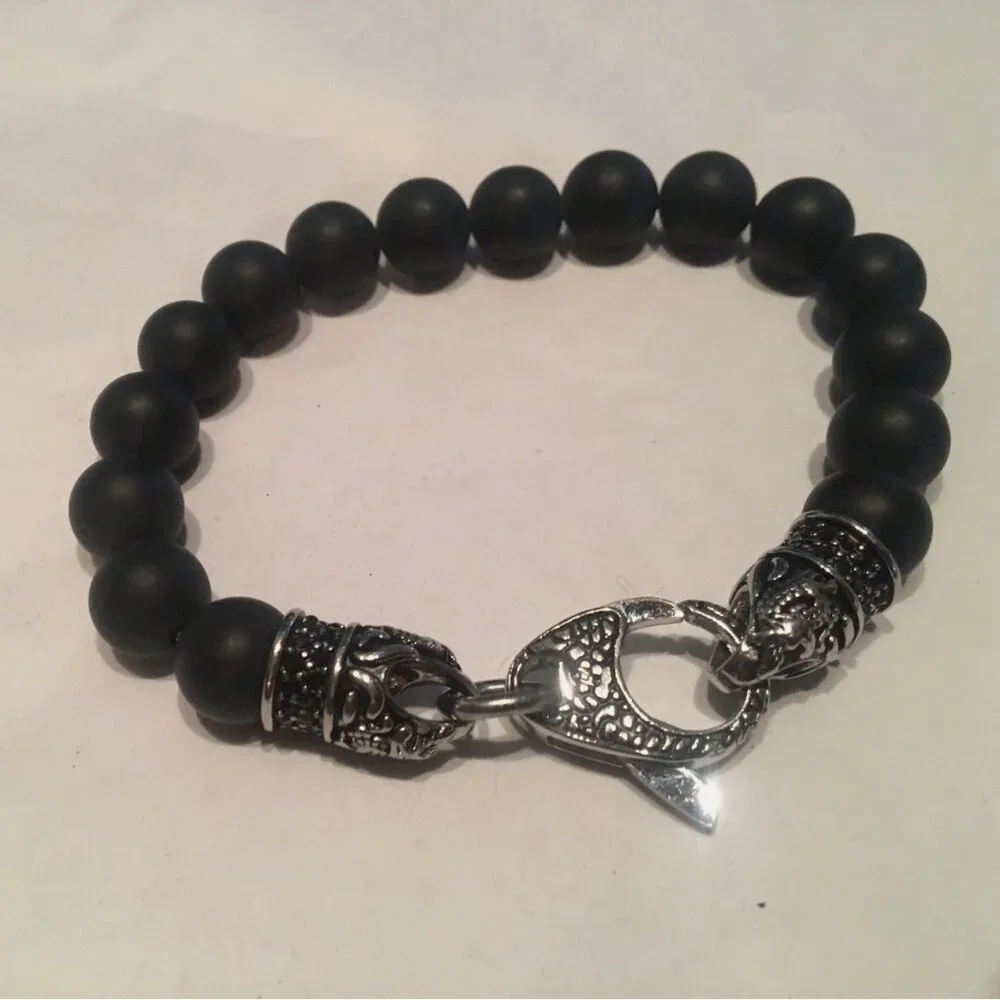 NWOT Blackjack Genuine Gemstone Stainless Steel Bead Bracelet Matte Black Onyx